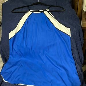 Very nice White, Blue and Black blouse (sleeveless) silk and polyester.